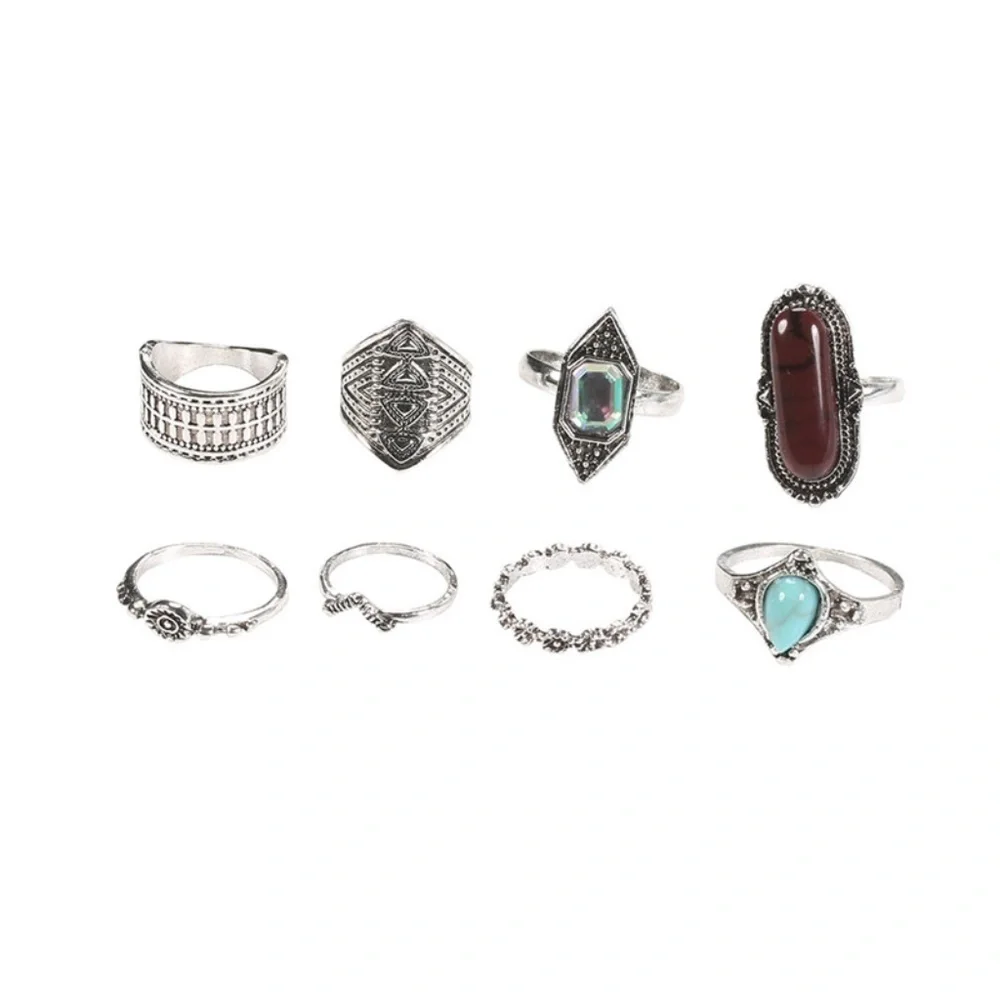 *CAMILLA* 8-Pc Silver x Turquoise Fashion Ring Set